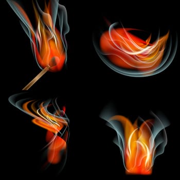 Set of Flames of different shapes on a black background. . Mesh.  illustration