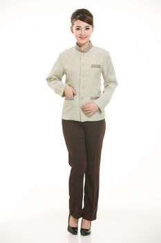 dressed in overalls who stand in front of a white background