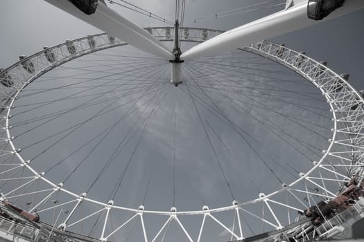 Ferris wheel closeup, desaturated image the structural shape.