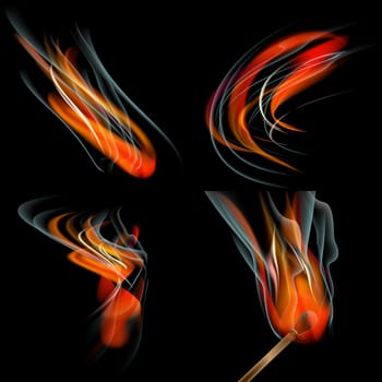 Collection of fires isolated on black background.  illustration