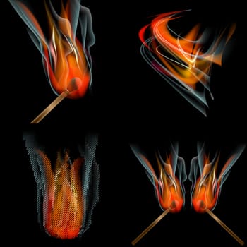 Collection of fires isolated on black background.  illustration