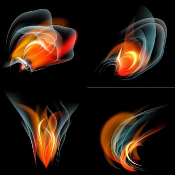 Collection of fires isolated on black background.  illustration