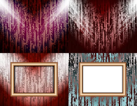 Set of colorful abstract backgrounds and frames for text or photos illuminated by searchlights.  illustration