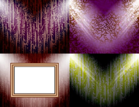 Set of colorful abstract backgrounds and frames for text or photos illuminated by searchlights.  illustration