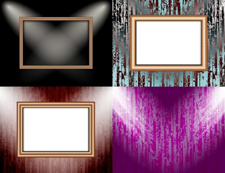 Set of colorful abstract backgrounds and frames for text or photos illuminated by searchlights.  illustration