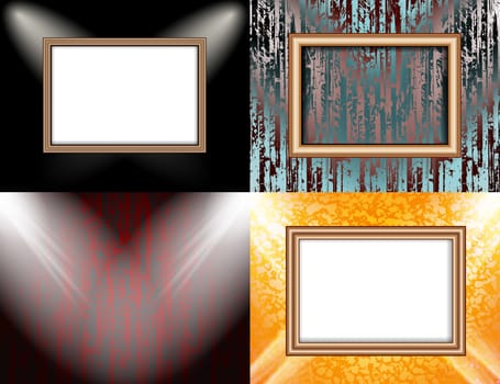 Set of colorful abstract backgrounds and frames for text or photos illuminated by searchlights.  illustration