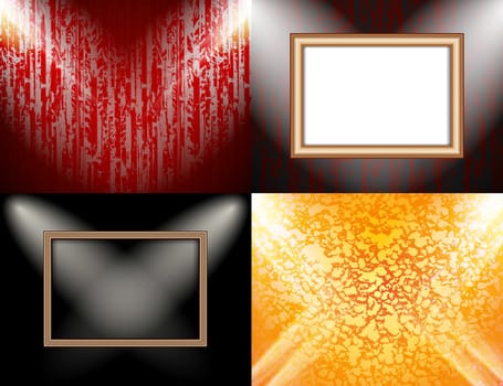 Set of colorful abstract backgrounds and frames for text or photos illuminated by searchlights.  illustration