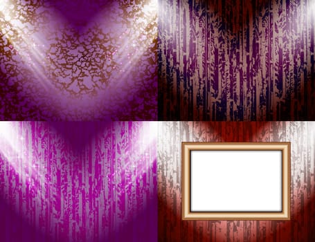 Set of colorful abstract backgrounds and frames for text or photos illuminated by searchlights.  illustration