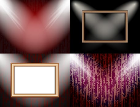 Set of colorful abstract backgrounds and frames for text or photos illuminated by searchlights.  illustration