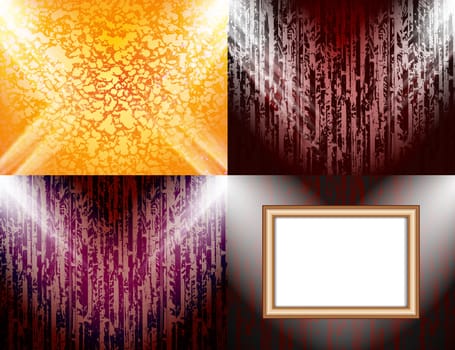 Set of colorful abstract backgrounds and frames for text or photos illuminated by searchlights.  illustration