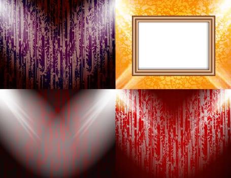 Set of colorful abstract backgrounds and frames for text or photos illuminated by searchlights.  illustration