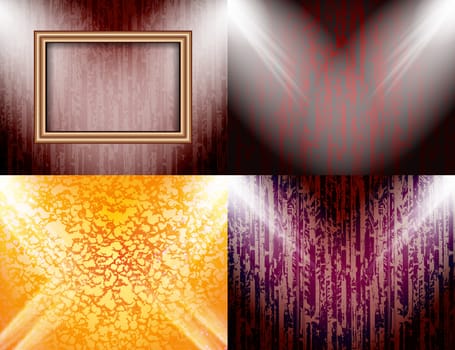 Set of colorful abstract backgrounds and frames for text or photos illuminated by searchlights.  illustration