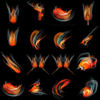 Collection of fires isolated on black background.  illustration