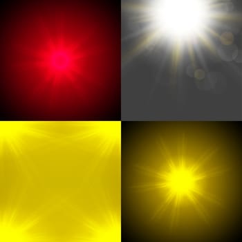 Set with four Abstract blurry background with  overlying semi transparent circles, light effects and sun burst