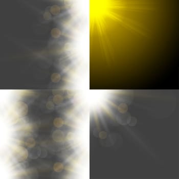 Set with four Abstract blurry background with  overlying semi transparent circles, light effects and sun burst