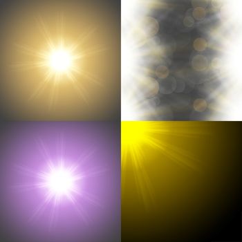 Set with four Abstract blurry background with  overlying semi transparent circles, light effects and sun burst