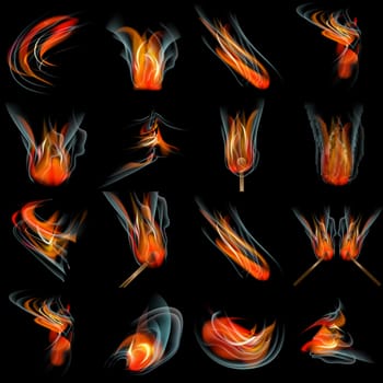 Set of Burn flame fire. abstract background.  illustration