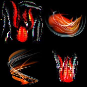 Collection of fires isolated on black background.  illustration