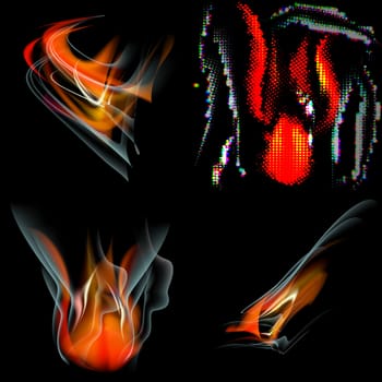 Collection of fires isolated on black background.  illustration