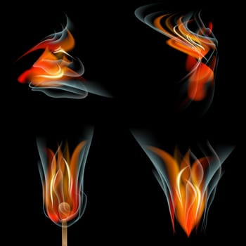 Set of Flames of different shapes on a black background. . Mesh.  illustration