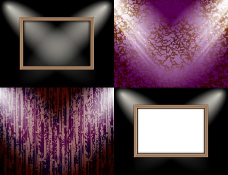 Set of colorful abstract backgrounds and frames for text or photos illuminated by searchlights.  illustration