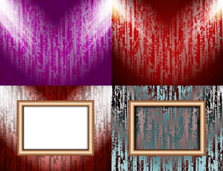 Set of colorful abstract backgrounds and frames for text or photos illuminated by searchlights.  illustration