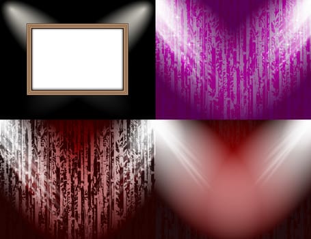 Set of colorful abstract backgrounds and frames for text or photos illuminated by searchlights.  illustration