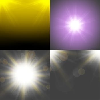 Set with four Abstract blurry background with  overlying semi transparent circles, light effects and sun burst