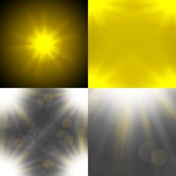 Set with four Abstract blurry background with  overlying semi transparent circles, light effects and sun burst