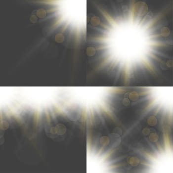 Set with four Abstract blurry background with  overlying semi transparent circles, light effects and sun burst