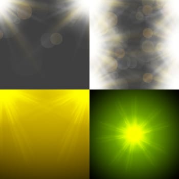 Set with four Abstract blurry background with  overlying semi transparent circles, light effects and sun burst