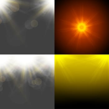 Set with four Abstract blurry background with  overlying semi transparent circles, light effects and sun burst
