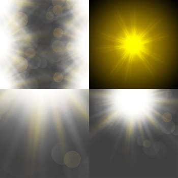 Set with four Abstract blurry background with  overlying semi transparent circles, light effects and sun burst