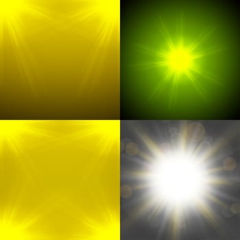 Set with four Abstract blurry background with  overlying semi transparent circles, light effects and sun burst