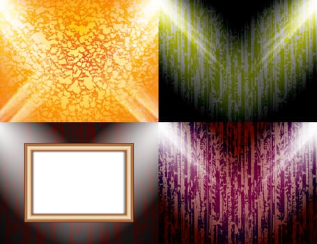 Set of colorful abstract backgrounds and frames for text or photos illuminated by searchlights.  illustration