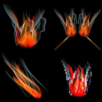 Collection of fires isolated on black background.  illustration