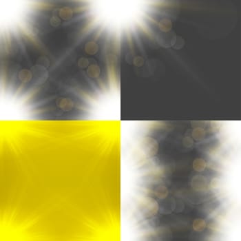 Set with four Abstract blurry background with  overlying semi transparent circles, light effects and sun burst