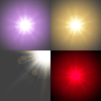 Set with four Abstract blurry background with  overlying semi transparent circles, light effects and sun burst