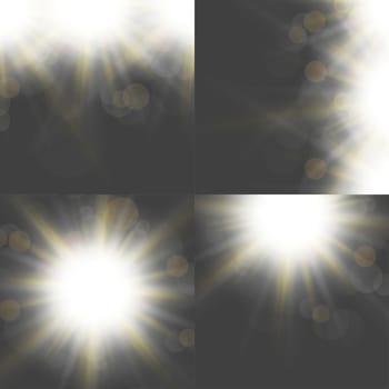 Set with four Abstract blurry background with  overlying semi transparent circles, light effects and sun burst