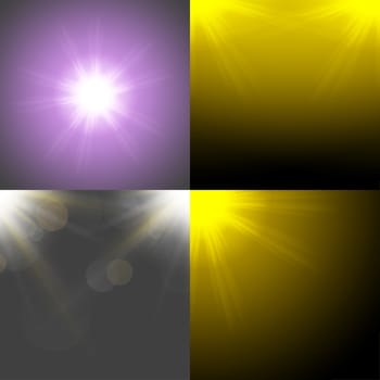 Set with four Abstract blurry background with  overlying semi transparent circles, light effects and sun burst