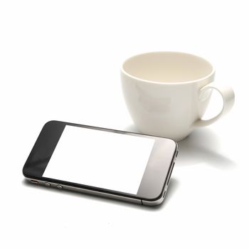 smart phone and coffee cup isolated on white background