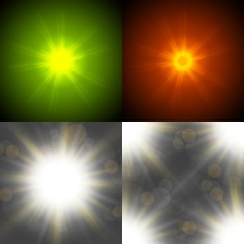 Set with four Abstract blurry background with  overlying semi transparent circles, light effects and sun burst