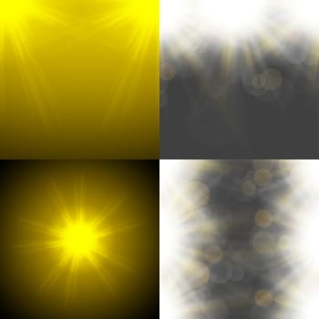 Set with four Abstract blurry background with  overlying semi transparent circles, light effects and sun burst