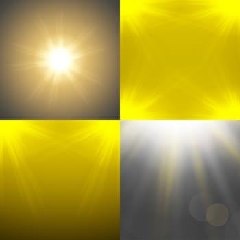 Set with four Abstract blurry background with  overlying semi transparent circles, light effects and sun burst