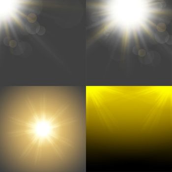 Set with four Abstract blurry background with  overlying semi transparent circles, light effects and sun burst