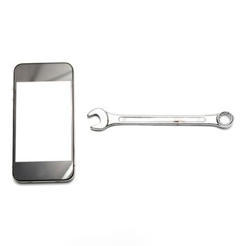 smart phone with wrench isolated on white background
