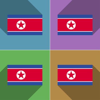 Flags of Korea North. Set of colors flat design and long shadows.  illustration