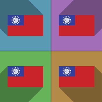 Flags of MyanmarBurma. Set of colors flat design and long shadows.  illustration