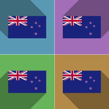 Flags of New Zeland. Set of colors flat design and long shadows.  illustration