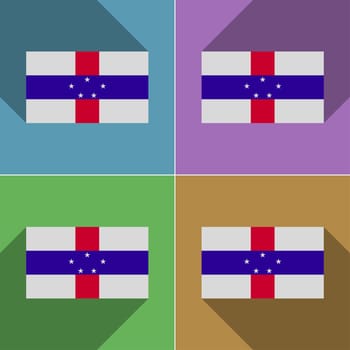 Flags of Netherlands Antilles. Set of colors flat design and long shadows.  illustration